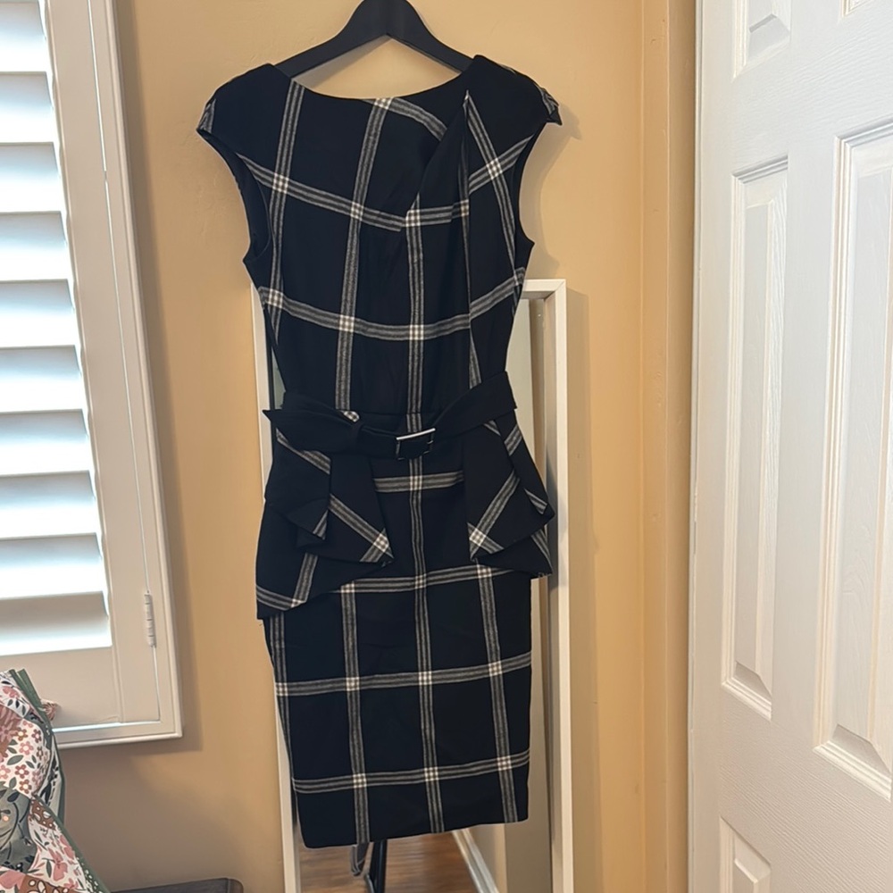 Chic Black Dress with White Plaid and Bow